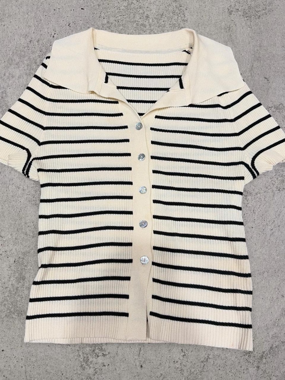 Cream & Black Striped Knit Polo Shirt - Womens